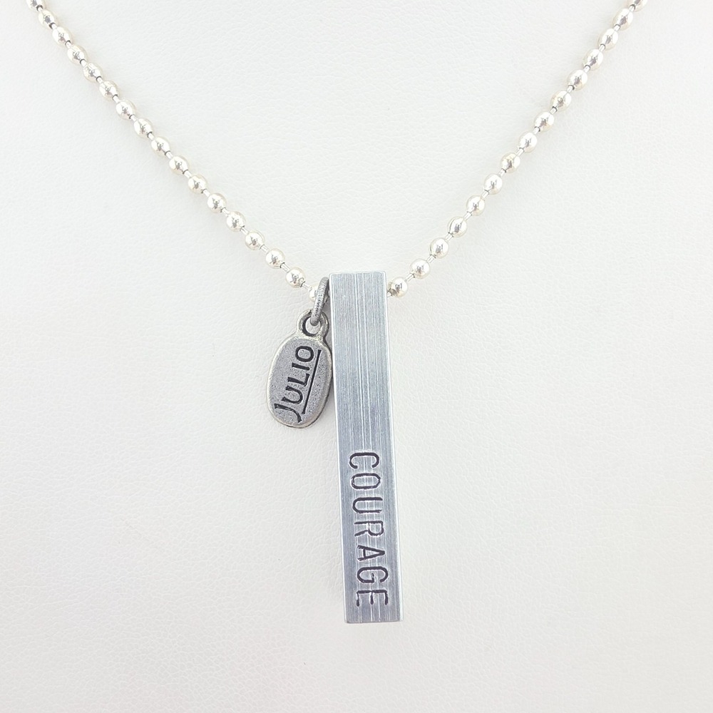 JULIO DESIGNS 'Courage' Necklace Long Charm Engraved Pendent Silver Tone 29"